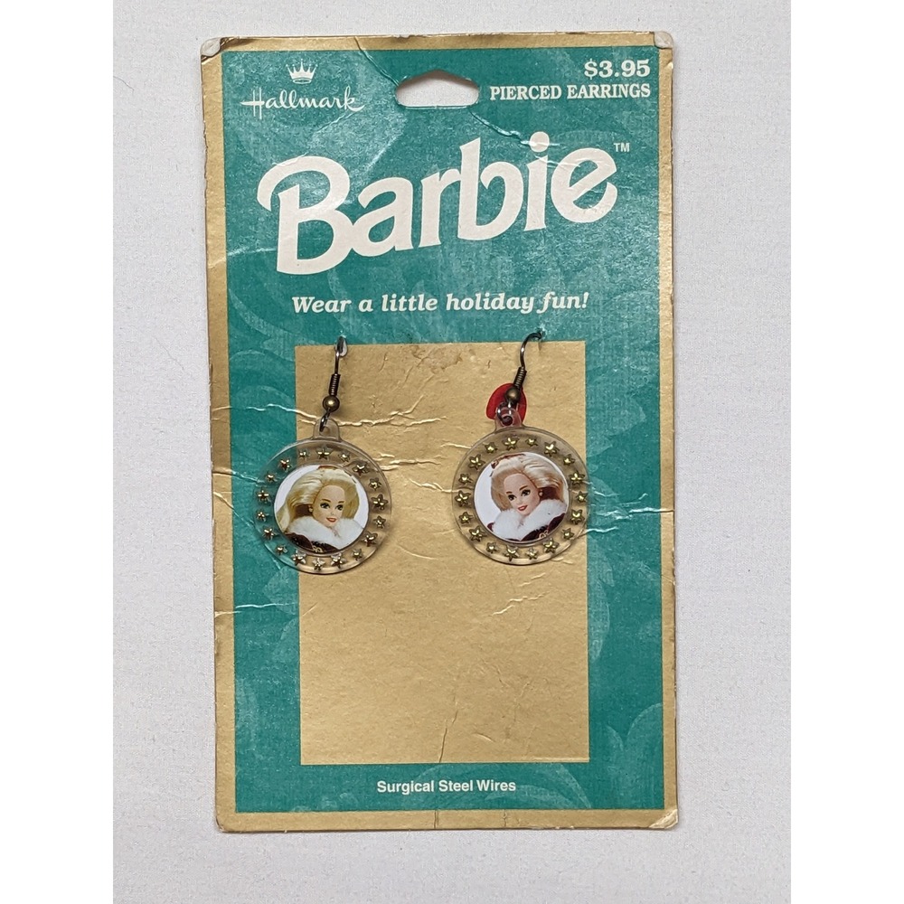 New Vintage 1996 Hallmark Barbie Holiday‎ Pierced Earrings Surgical Steel